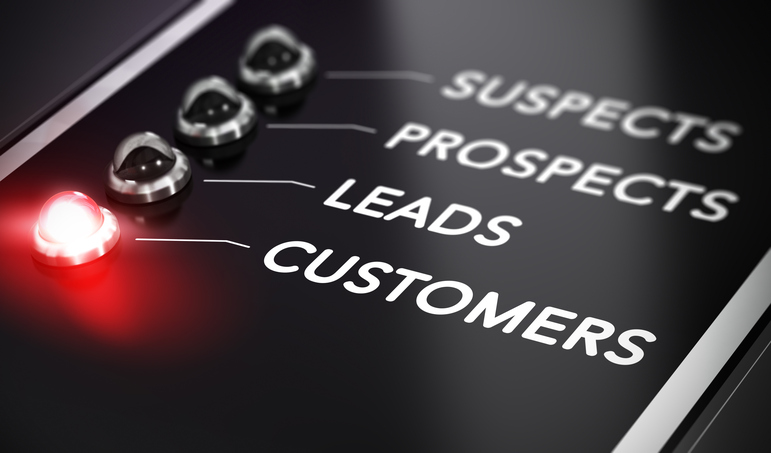 Illustration of internet marketing over black background with red light and blur effect. Lead conversion Customer Prospecting concept.